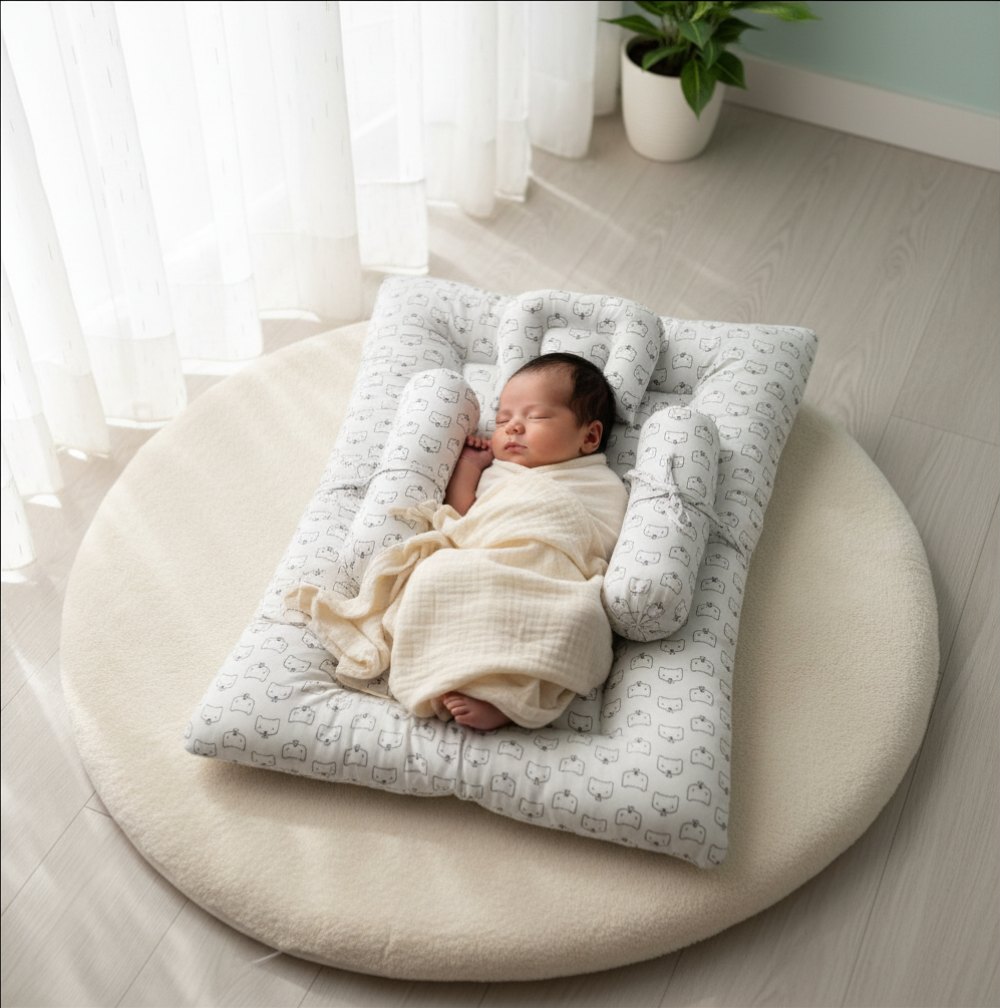 Newborn resting on a soft baby bedding nest with bolster supports