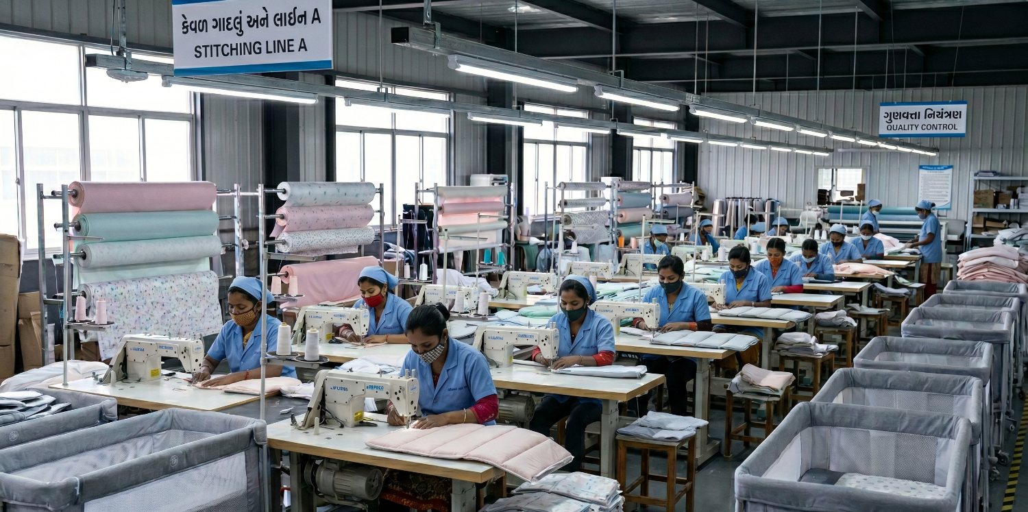 Workers stitching baby bedding on Stitching Line A beside the Quality Control area