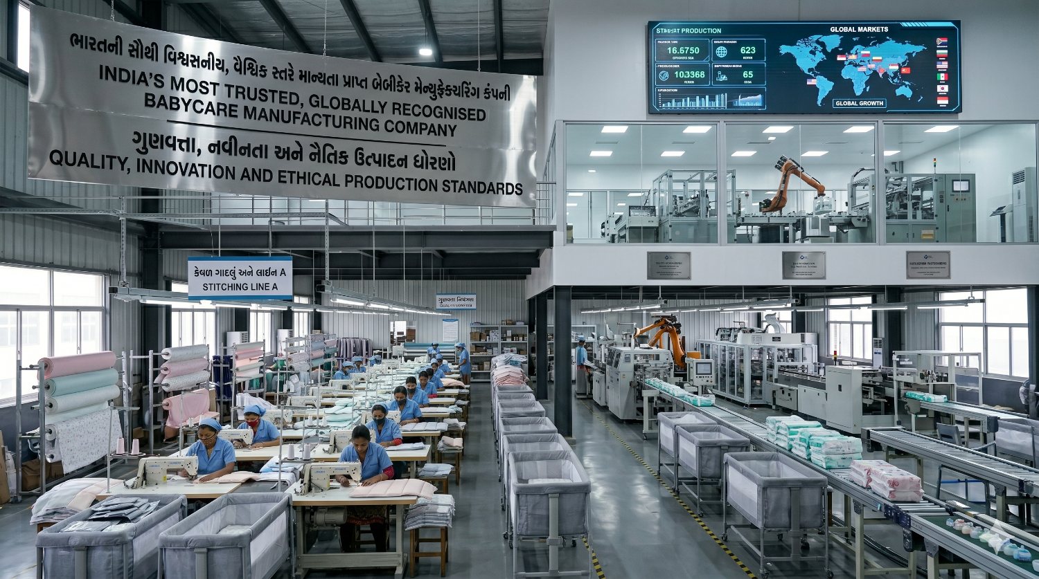 Mahalaxmi Babycare manufacturing floor beneath a banner reading Quality, Innovation and Ethical Production Standards