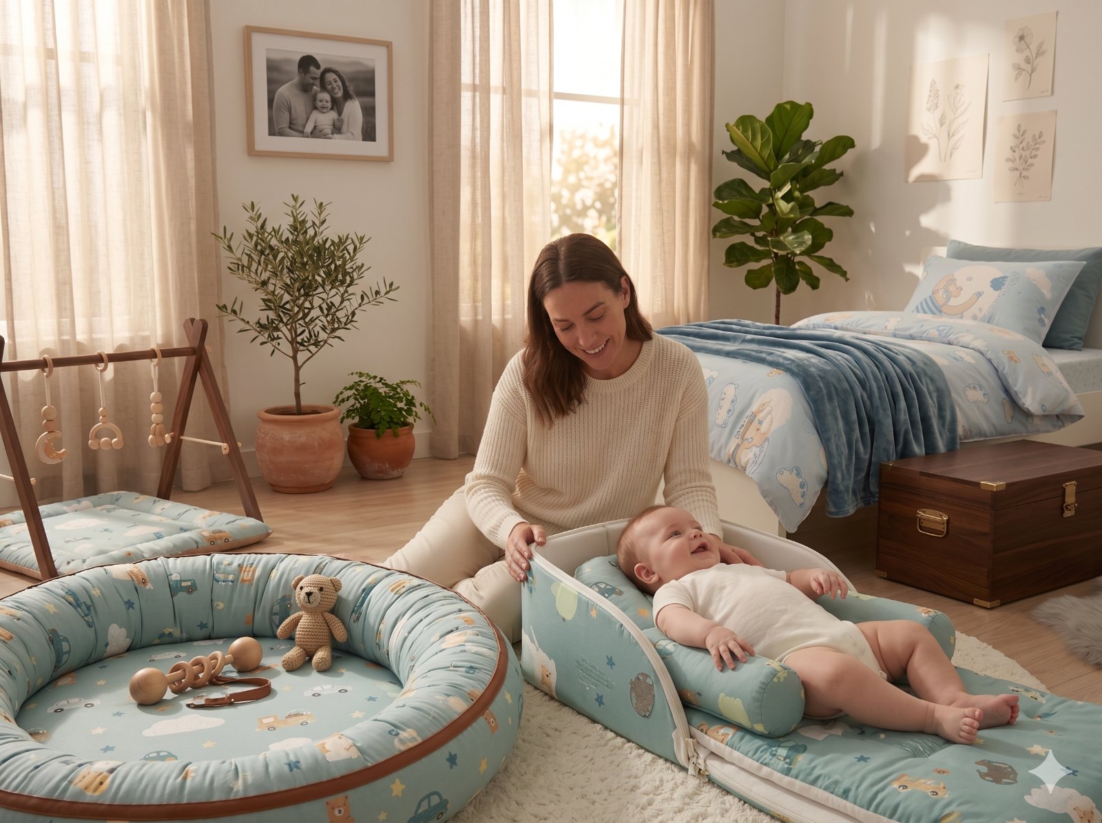 A mother smiling at her baby resting in a soft baby nest, surrounded by premium baby bedding and a play gym