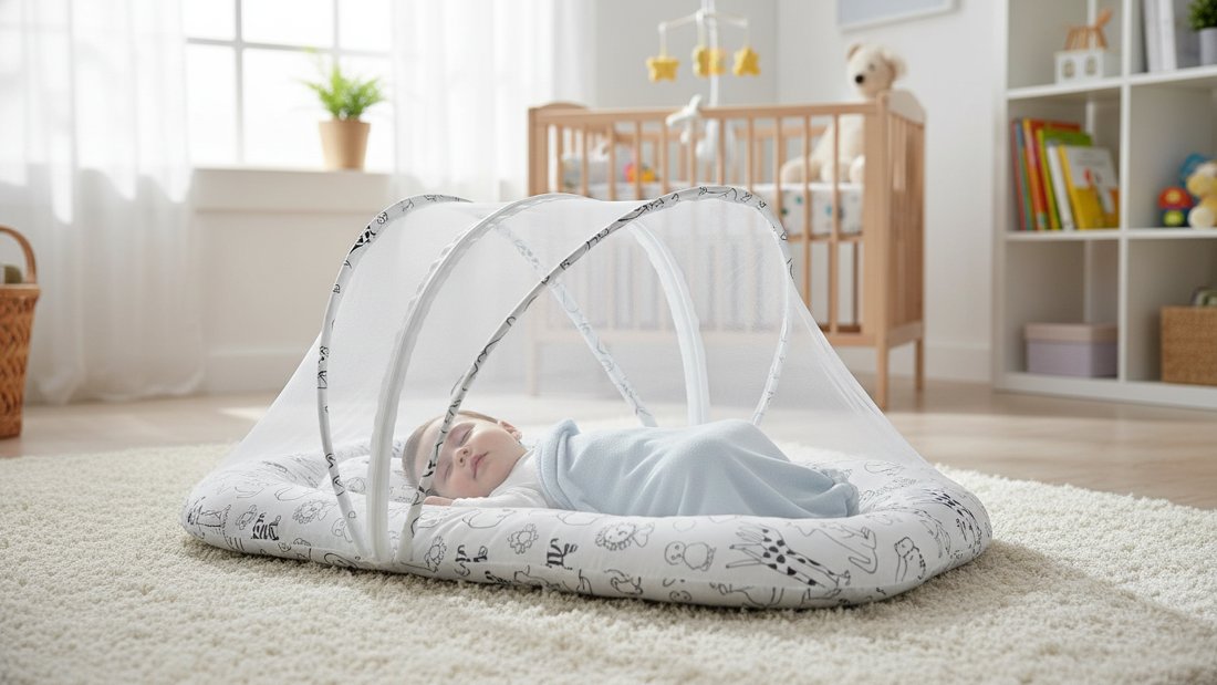 Baby sleeping under a domed mosquito net on a printed bedding nest