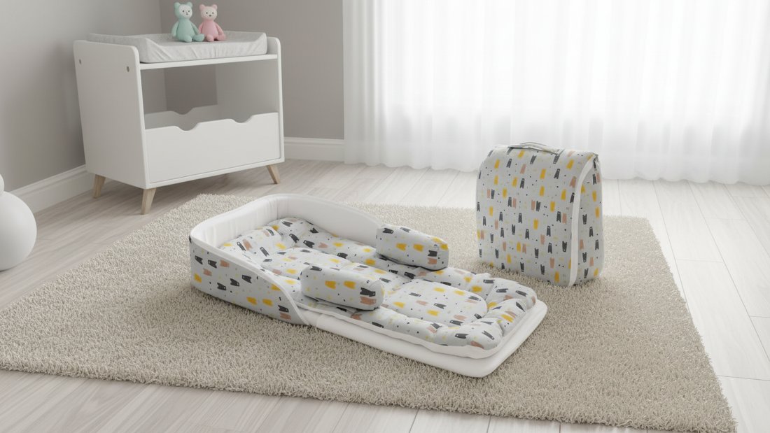 Foldable portable baby bedding with matching carry bag in a nursery