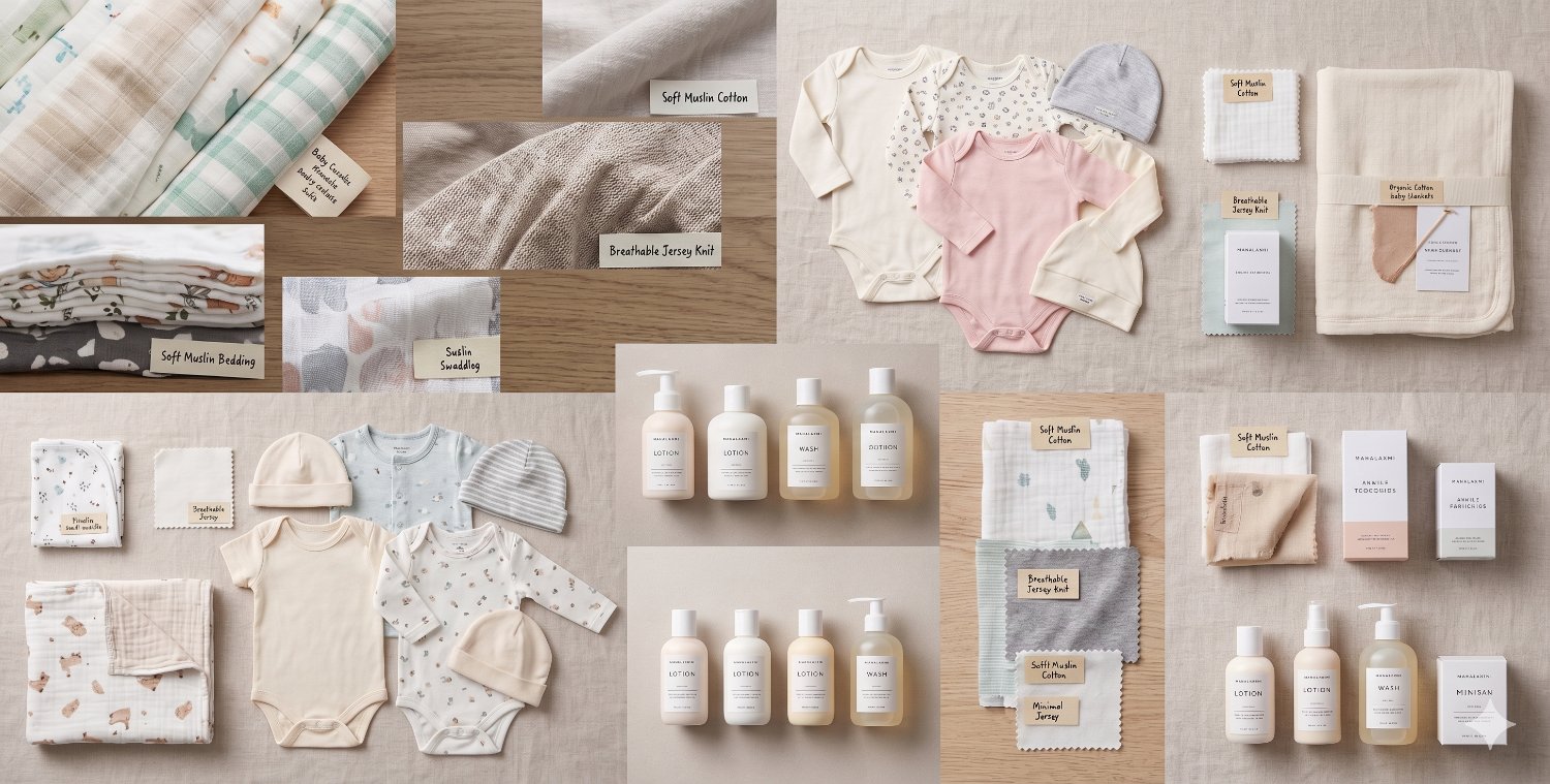 Flat-lay of baby essentials, muslin swaddles, bodysuits, beanies, blankets and bath products with fabric swatches
